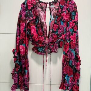 For Love And Lemons Pink Ruffled Tie Front Cropped Blouse